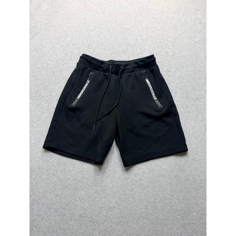 Aeropostale Mens Black Athletic Sweat Shorts Zipper Pockets Drawstring Logo